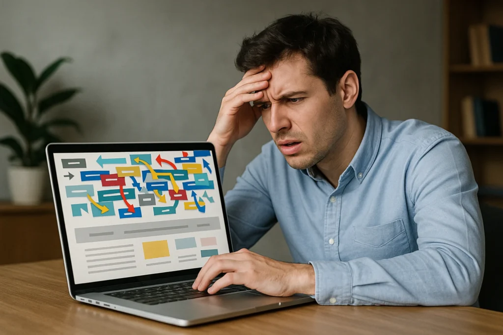 Frustrated user struggling with cluttered confusing website menu