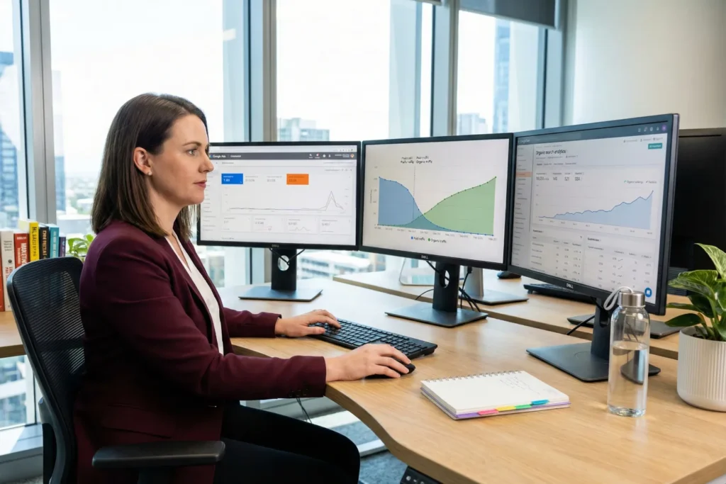 A female marketing strategist sits at a workstation with three monitors that display SEO vs Google Ads performance data side by side. One screen shows paid conversion spikes, another shows a transition period, and the third shows steady organic growth.