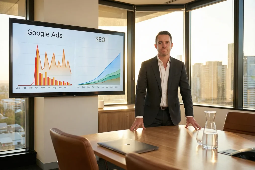 A male marketing strategist stands in a sunlit boardroom while reviewing a split screen that compares SEO and paid ads performance timelines. One side shows an immediate traffic spike and the other shows gradual long-term growth.