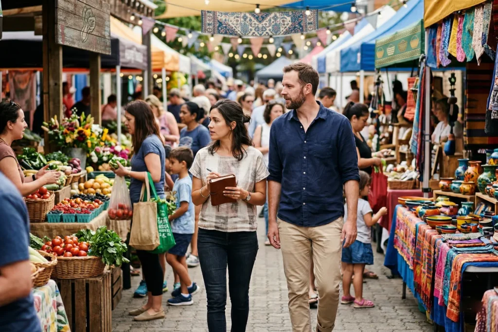 A husband and wife walk through a busy local market and gather content marketing ideas from the community. The scene shows colourful stalls, people, and a lively outdoor setting.