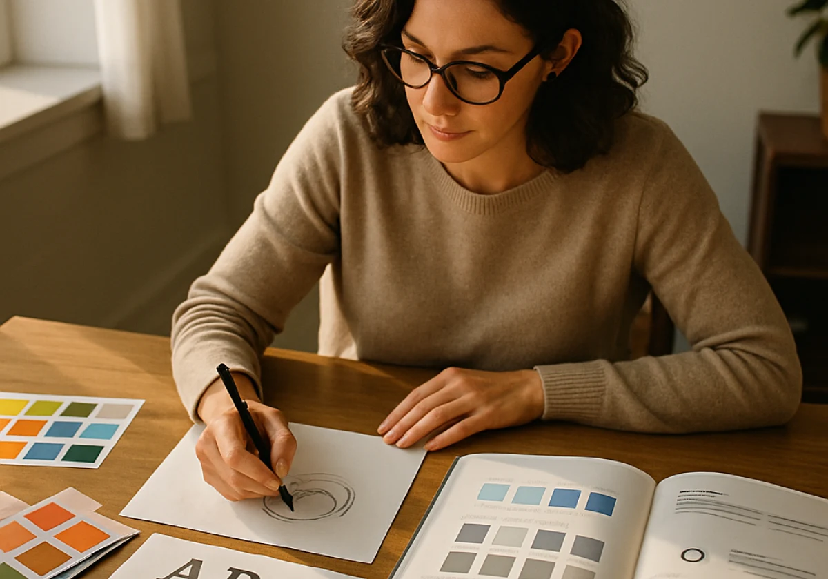 Brand strategist at a wooden desk with scattered colour swatches