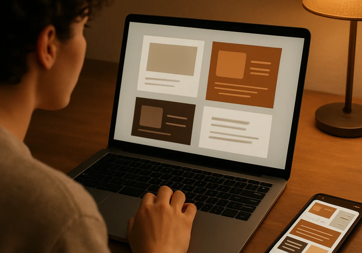 Content creator at a laptop reviewing social media post templates