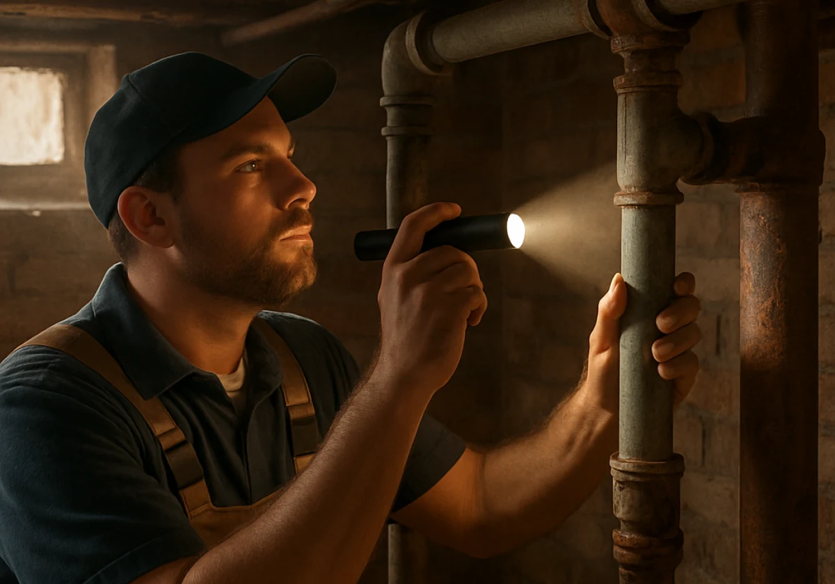 Plumber in an older brick home's basement