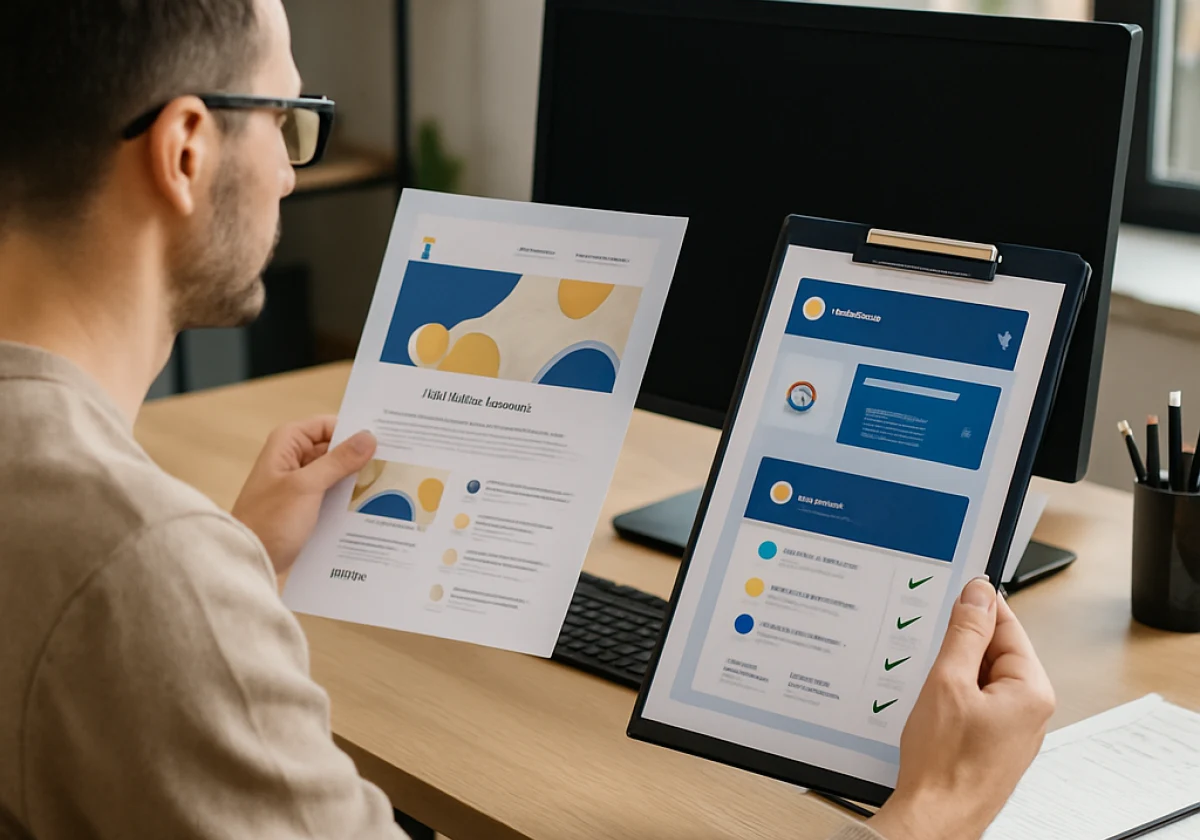 Team member at a desk holding printed website pages and social media